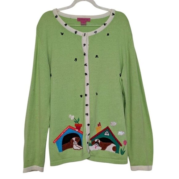 Bobbie Bell Sweaters - Vintage Bobbie Bell Dog Cardigan Womens Size Large Green Embellished Sweater